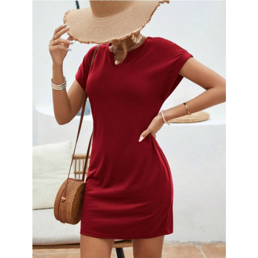 Notched Short Sleeve Mini Tee Dress Burgundy / S Apparel and Accessories