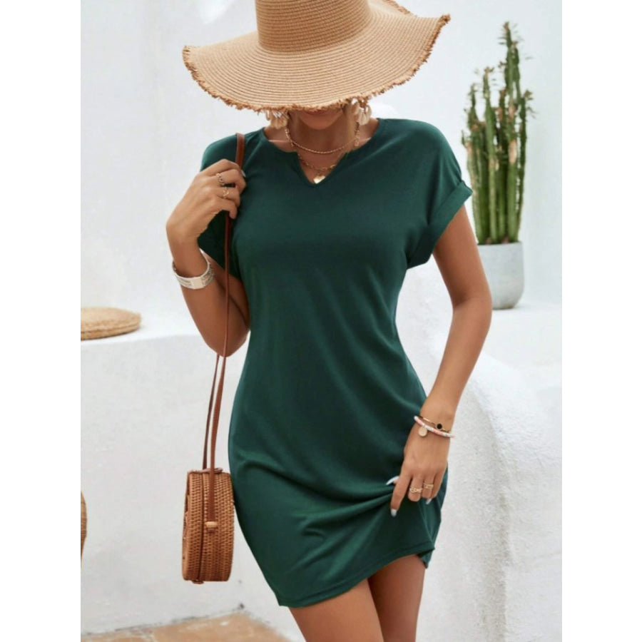 Notched Short Sleeve Mini Tee Dress Dark Green / S Apparel and Accessories