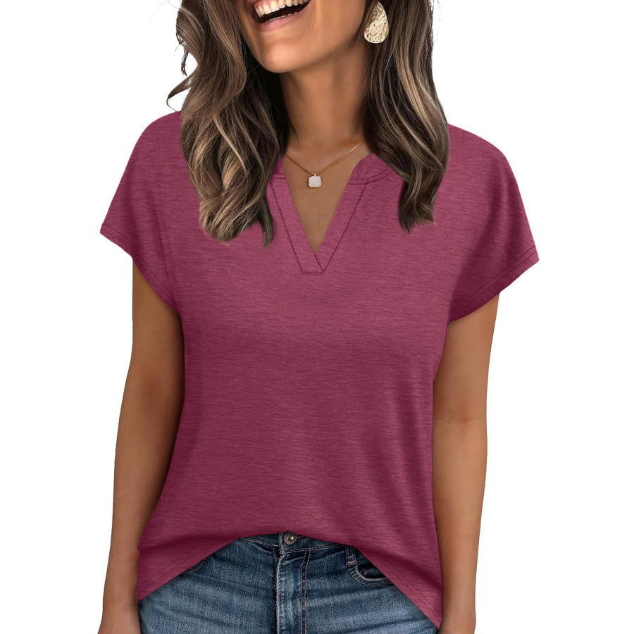 Notched Short Sleeve T-Shirt Burgundy / S Apparel and Accessories
