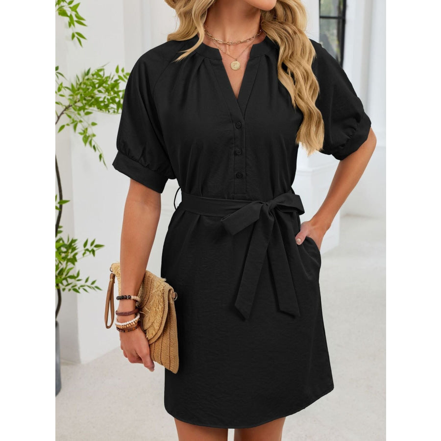 Notched Short Sleeve Tie Waist Dress Apparel and Accessories