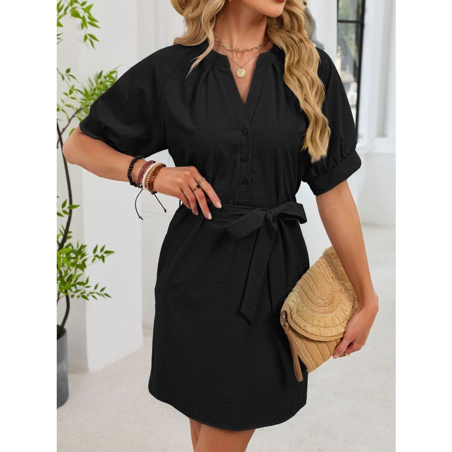 Notched Short Sleeve Tie Waist Dress Apparel and Accessories