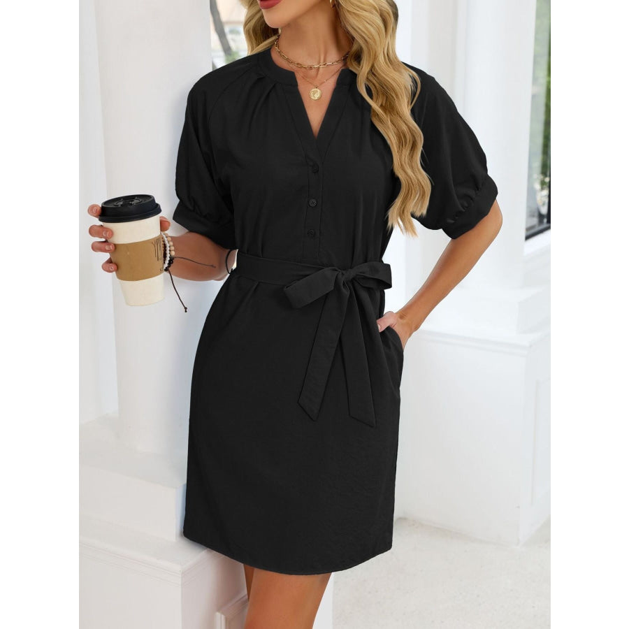 Notched Short Sleeve Tie Waist Dress Apparel and Accessories