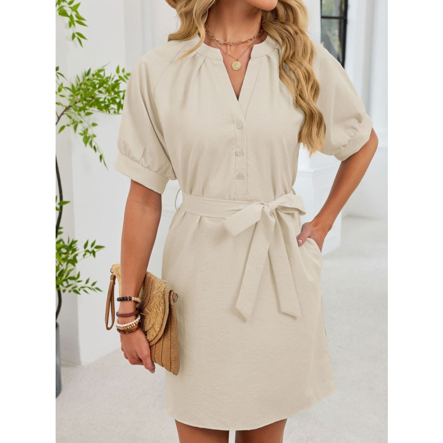 Notched Short Sleeve Tie Waist Dress Apparel and Accessories