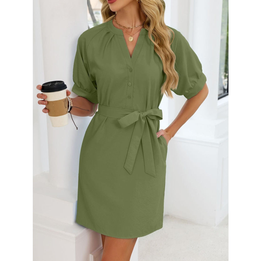 Notched Short Sleeve Tie Waist Dress Apparel and Accessories