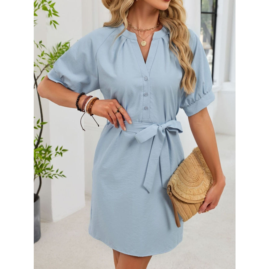 Notched Short Sleeve Tie Waist Dress Apparel and Accessories