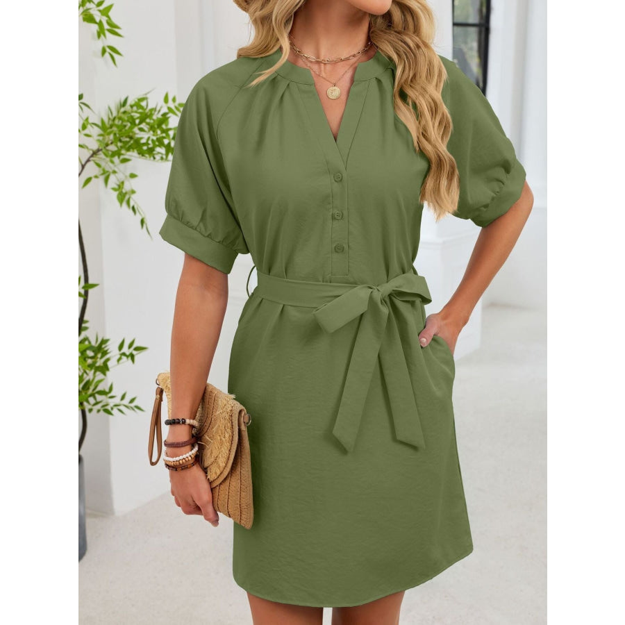 Notched Short Sleeve Tie Waist Dress Apparel and Accessories