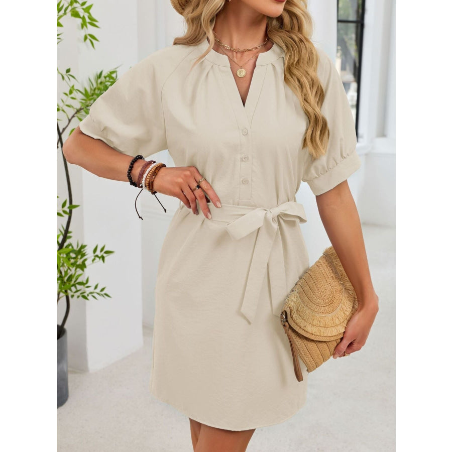 Notched Short Sleeve Tie Waist Dress Apparel and Accessories