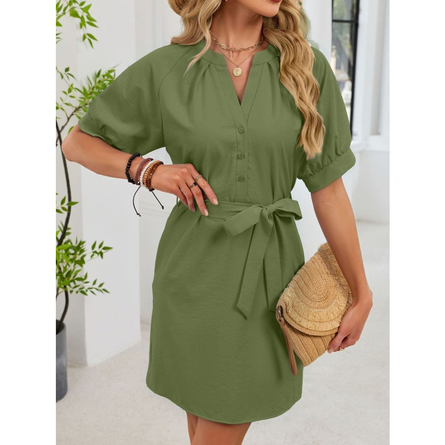 Notched Short Sleeve Tie Waist Dress Army Green / S Apparel and Accessories