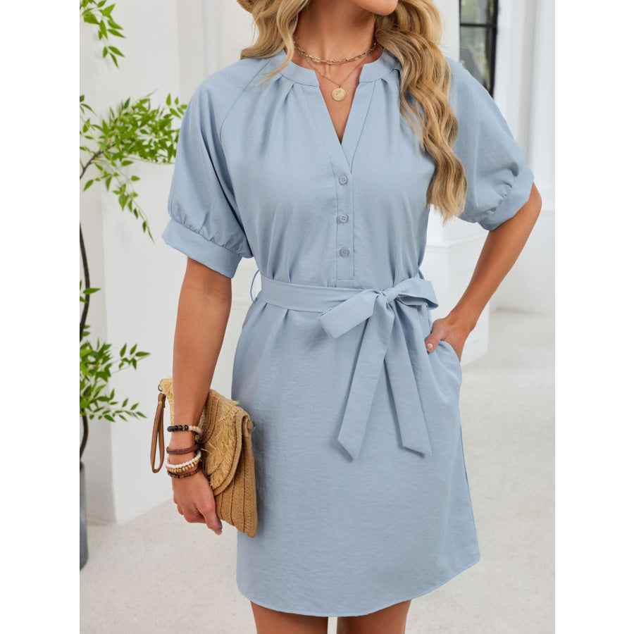Notched Short Sleeve Tie Waist Dress Blue / S Apparel and Accessories