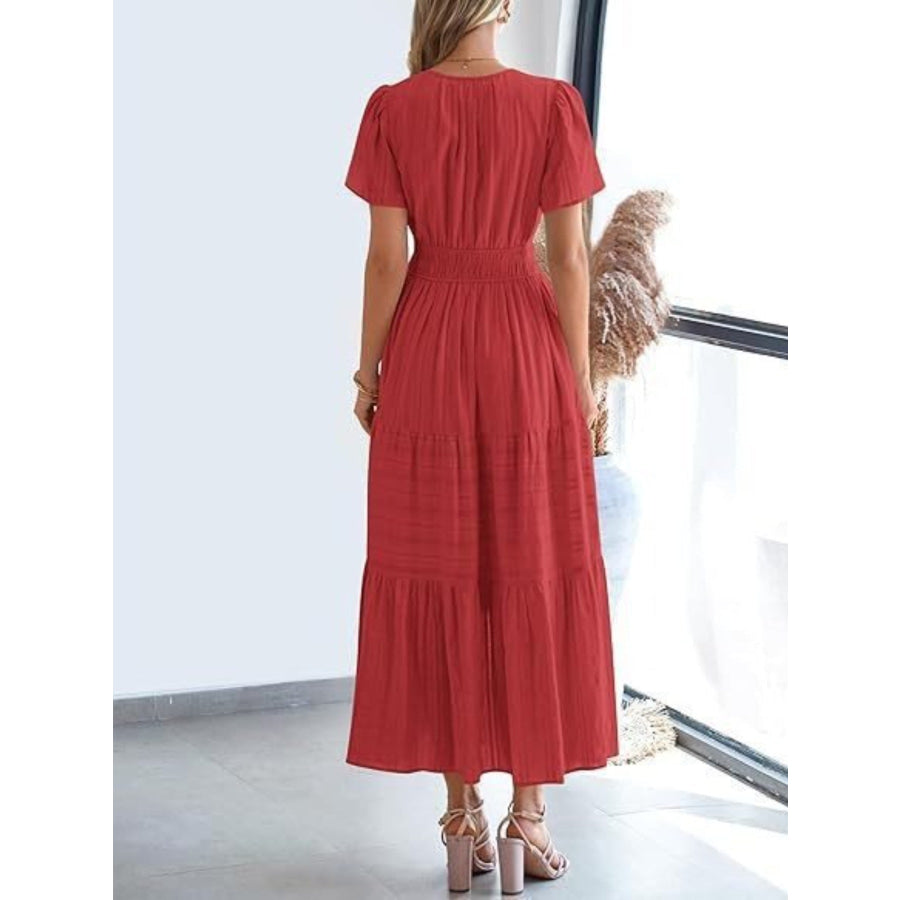 Notched Short Sleeve Tiered Dress Apparel and Accessories