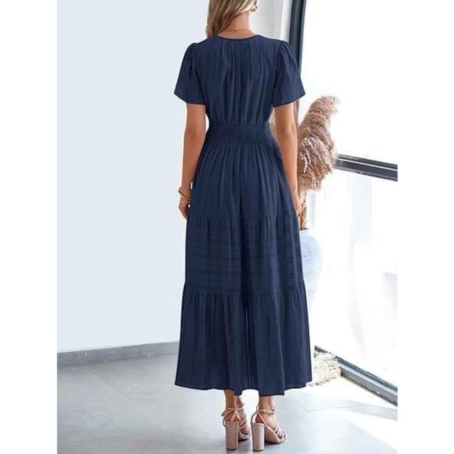 Notched Short Sleeve Tiered Dress Apparel and Accessories