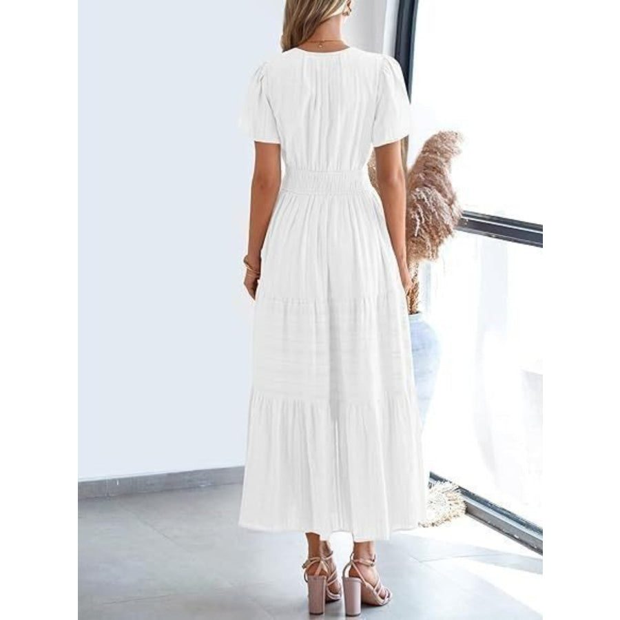 Notched Short Sleeve Tiered Dress Apparel and Accessories