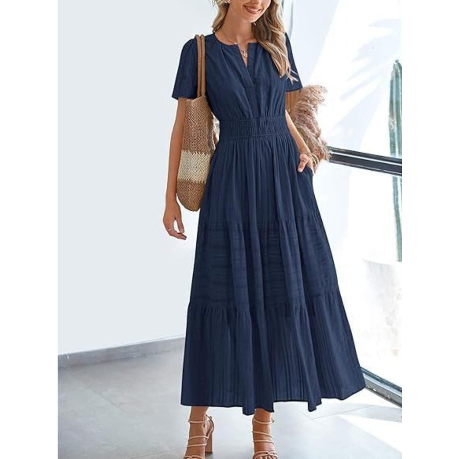 Notched Short Sleeve Tiered Dress Apparel and Accessories