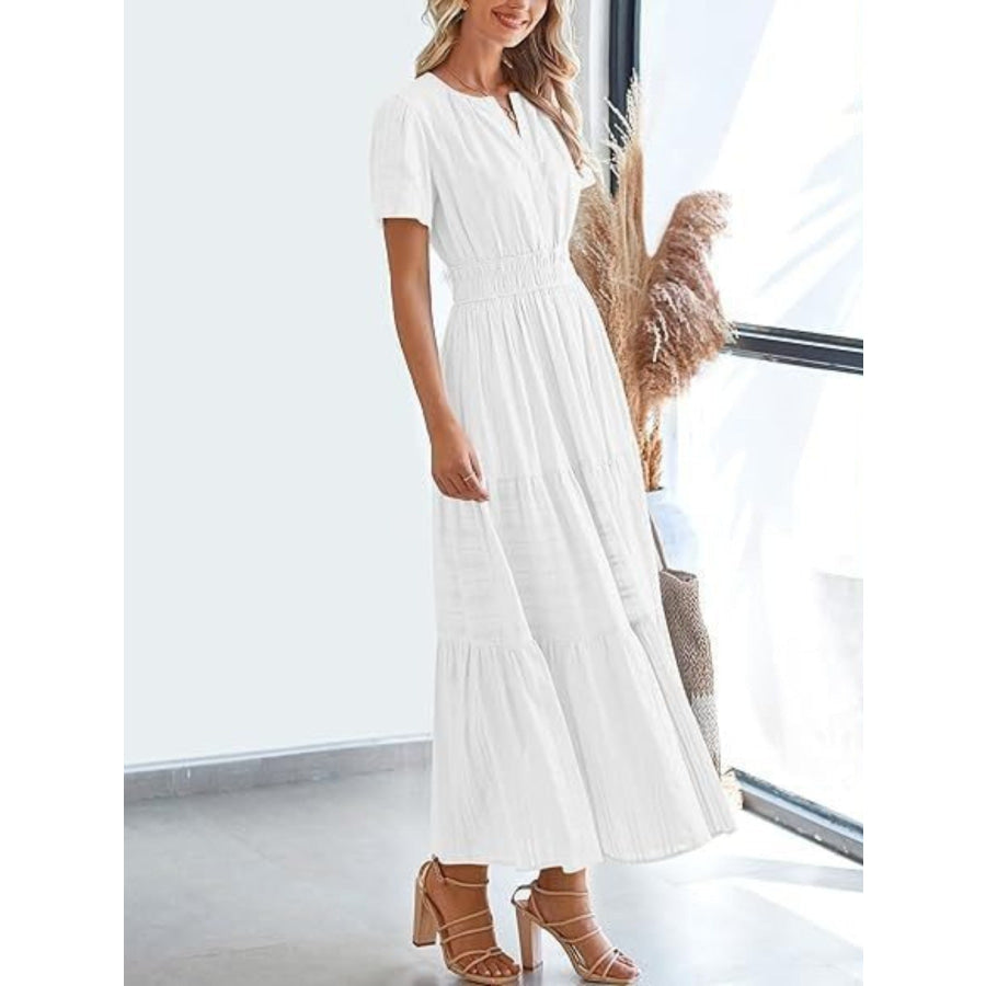 Notched Short Sleeve Tiered Dress Apparel and Accessories