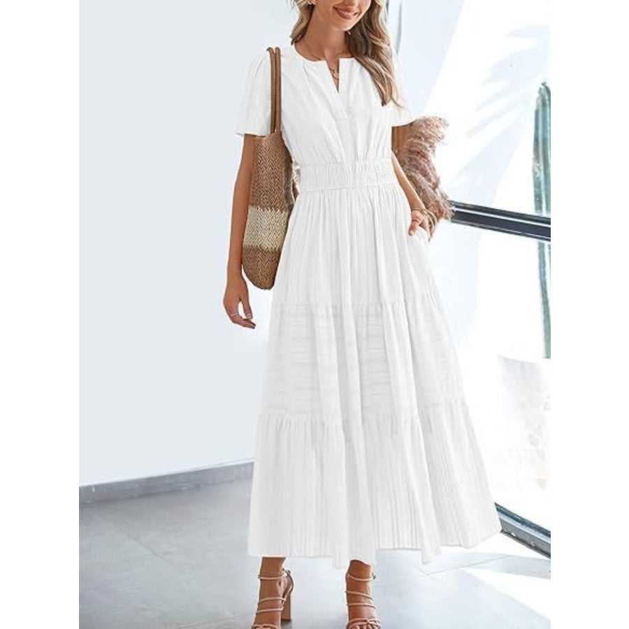 Notched Short Sleeve Tiered Dress Apparel and Accessories