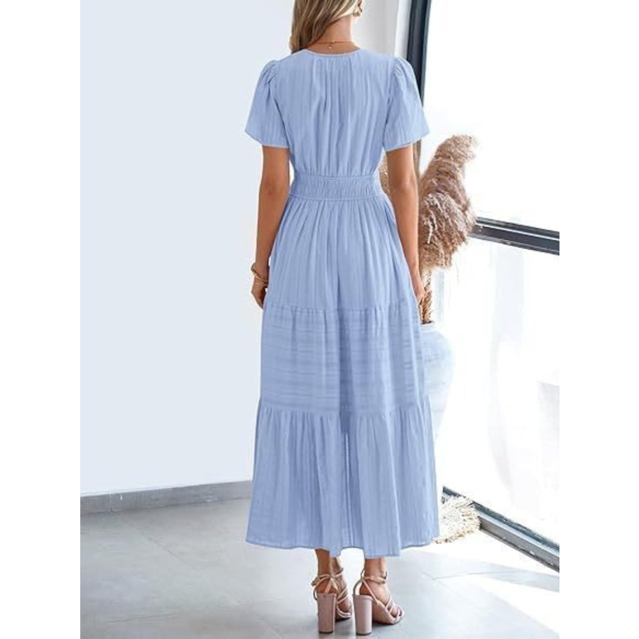 Notched Short Sleeve Tiered Dress Apparel and Accessories