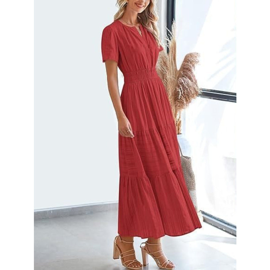Notched Short Sleeve Tiered Dress Apparel and Accessories