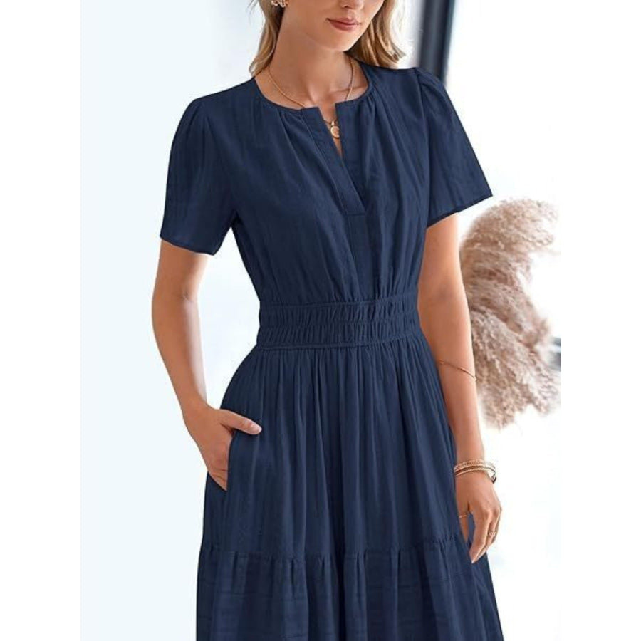 Notched Short Sleeve Tiered Dress Apparel and Accessories