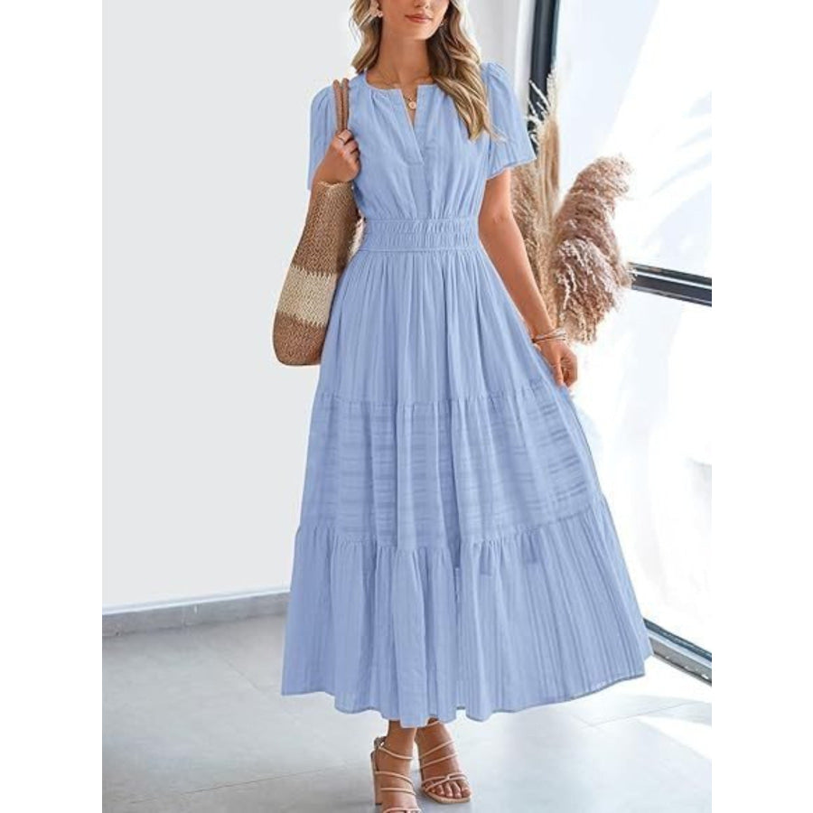 Notched Short Sleeve Tiered Dress Apparel and Accessories