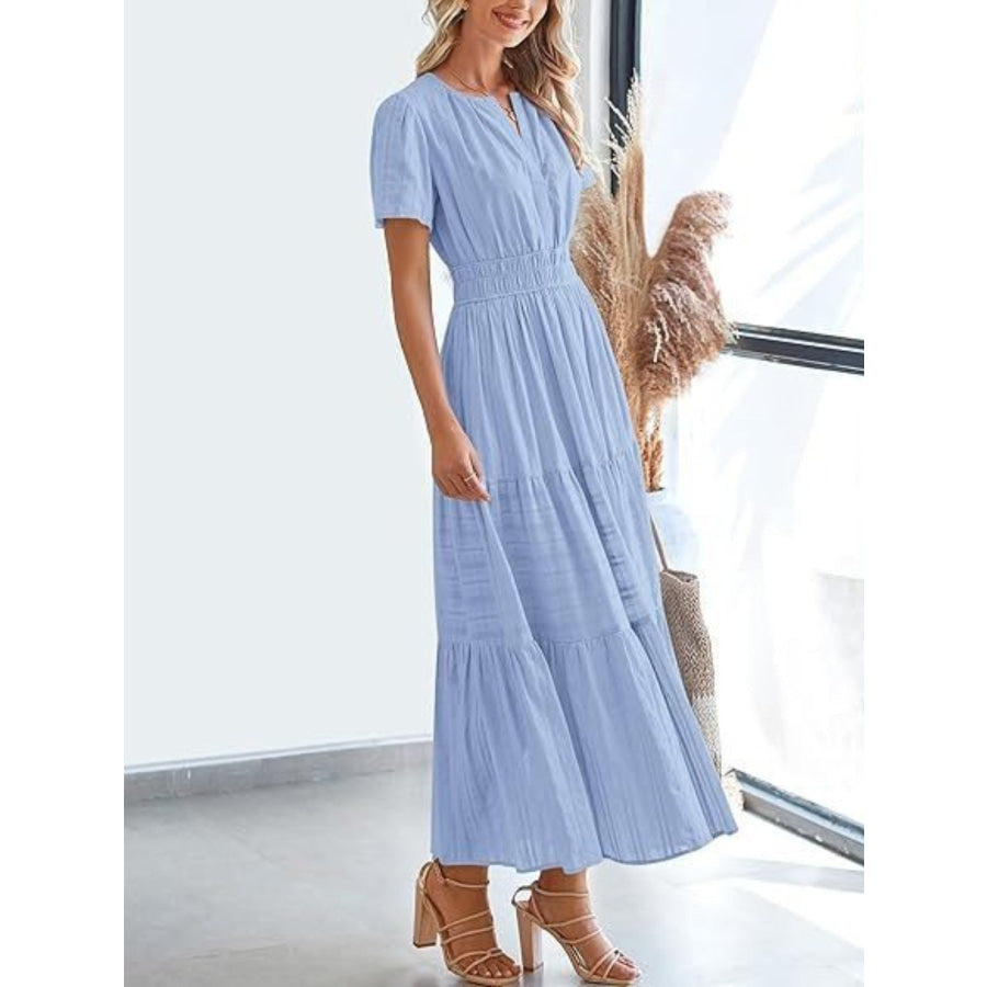Notched Short Sleeve Tiered Dress Apparel and Accessories
