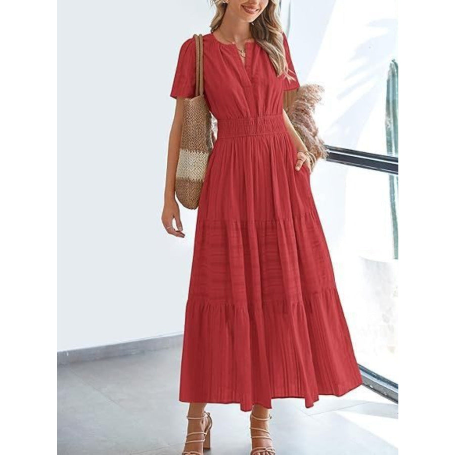 Notched Short Sleeve Tiered Dress Apparel and Accessories