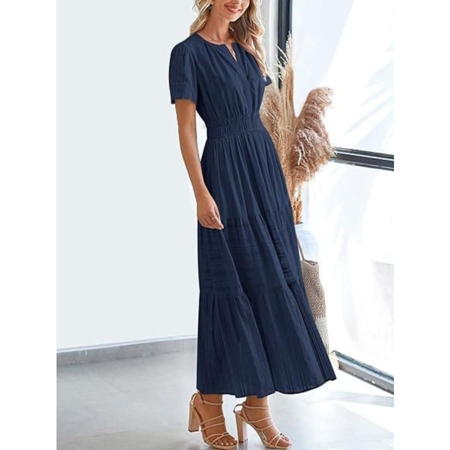 Notched Short Sleeve Tiered Dress Apparel and Accessories