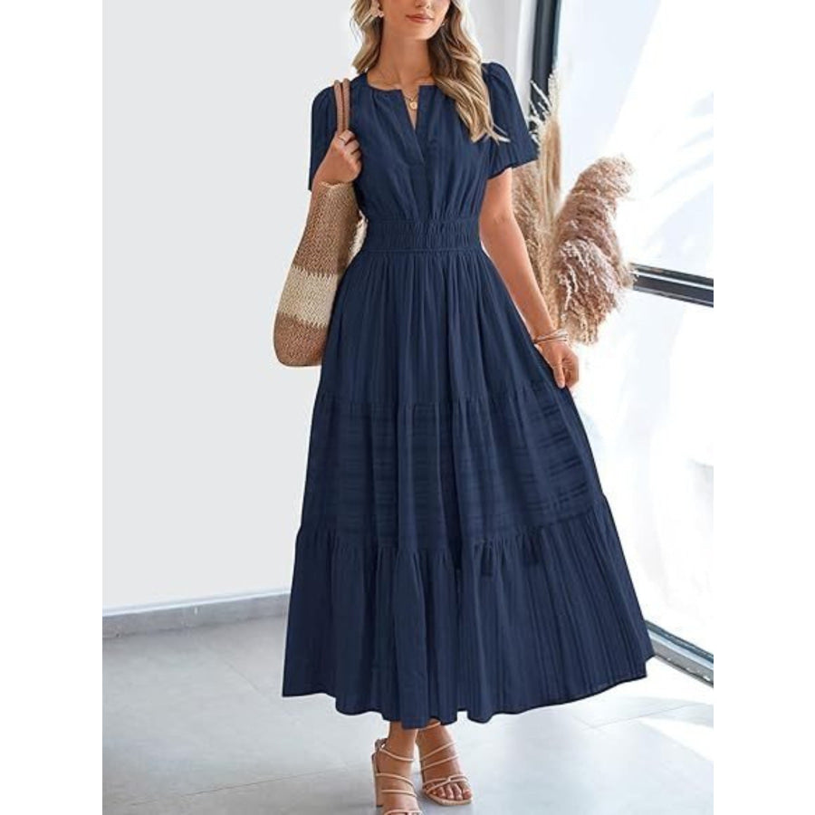 Notched Short Sleeve Tiered Dress Dark Navy / S Apparel and Accessories