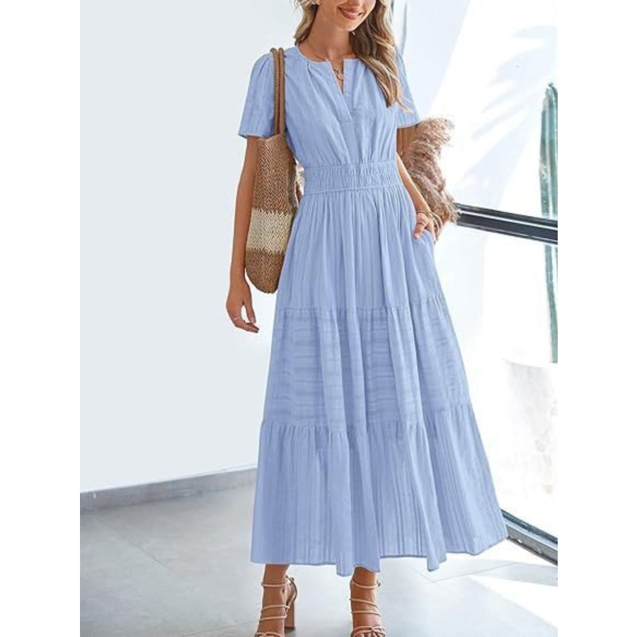 Notched Short Sleeve Tiered Dress Light Blue / S Apparel and Accessories