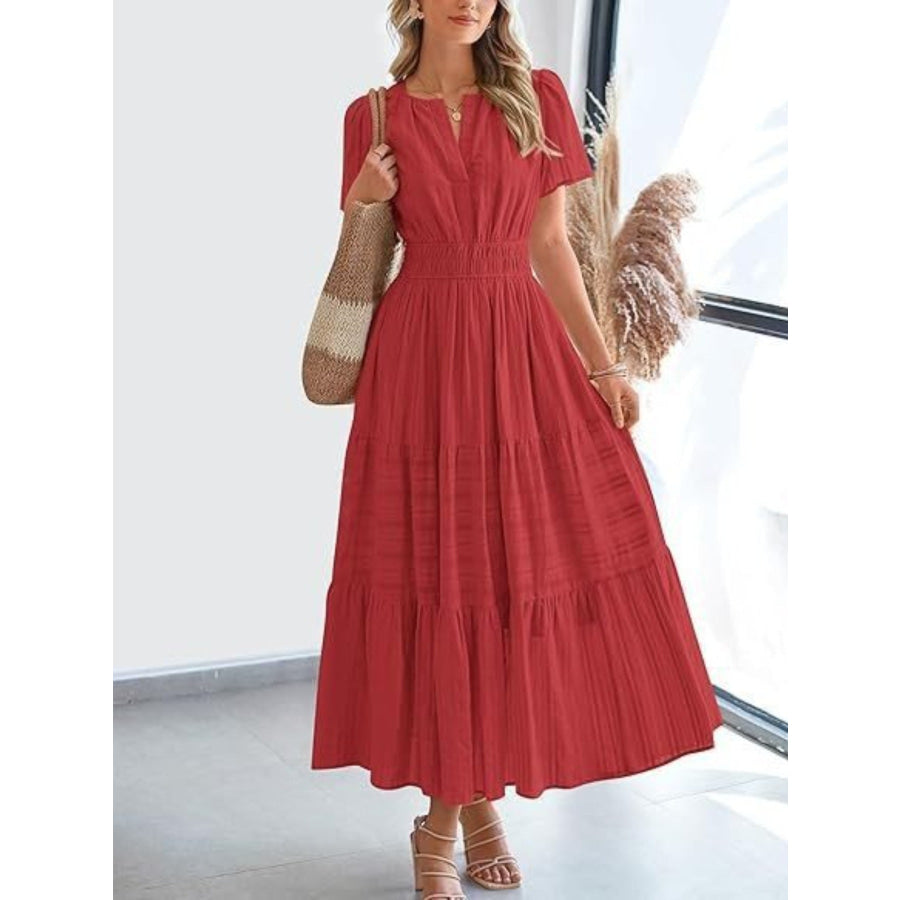 Notched Short Sleeve Tiered Dress Rust / S Apparel and Accessories