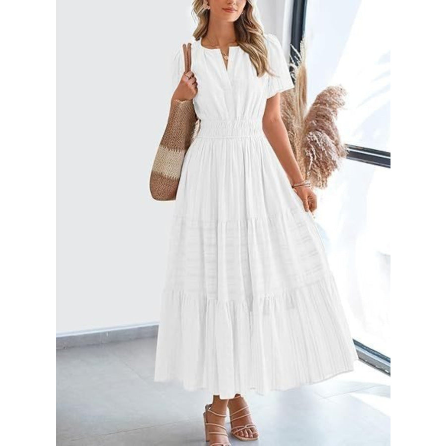 Notched Short Sleeve Tiered Dress White / S Apparel and Accessories