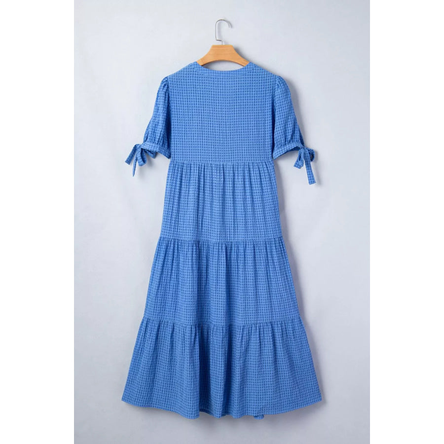 Notched Short Sleeve Tiered Midi Dress Apparel and Accessories
