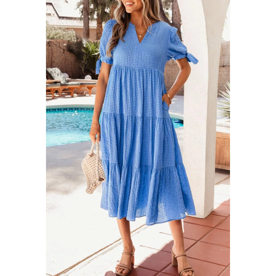 Notched Short Sleeve Tiered Midi Dress Apparel and Accessories