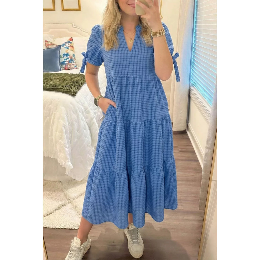 Notched Short Sleeve Tiered Midi Dress Apparel and Accessories