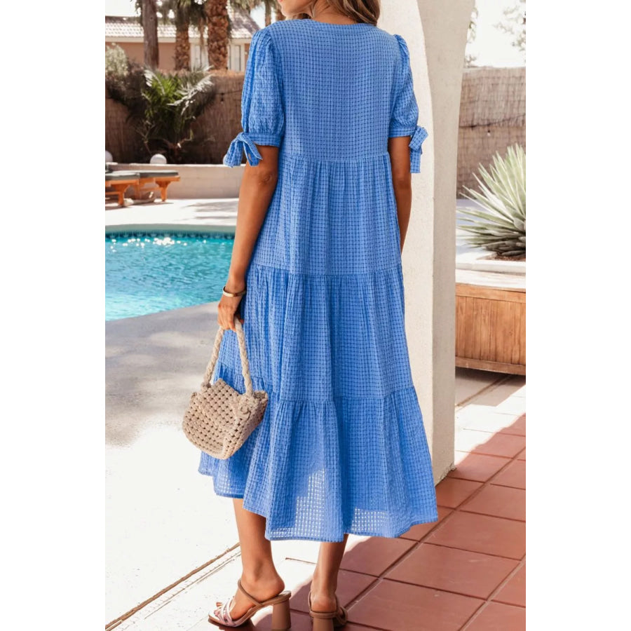 Notched Short Sleeve Tiered Midi Dress Apparel and Accessories