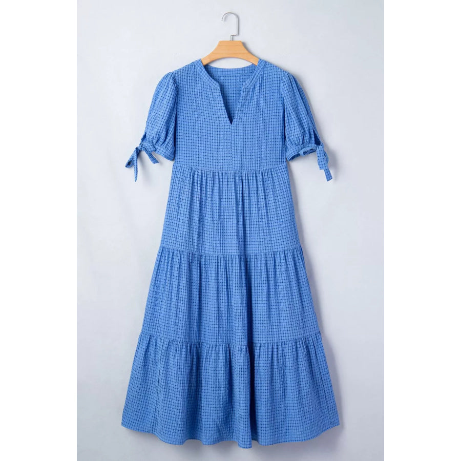 Notched Short Sleeve Tiered Midi Dress Apparel and Accessories