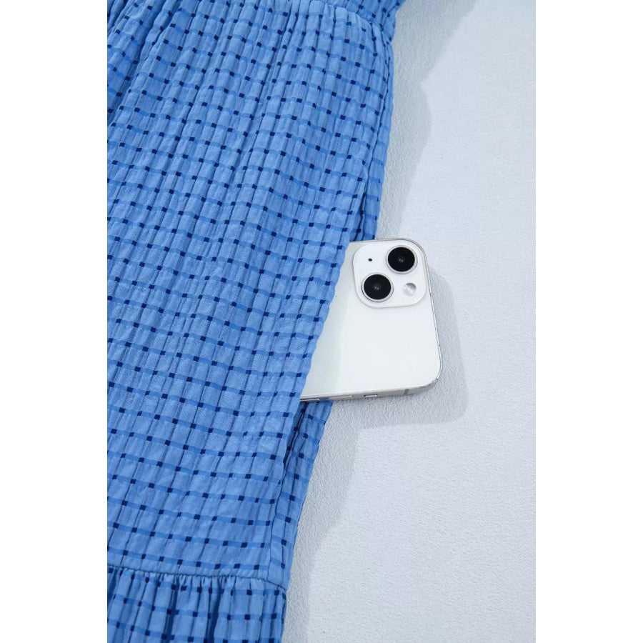 Notched Short Sleeve Tiered Midi Dress Apparel and Accessories