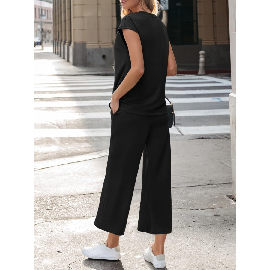 Notched Short Sleeve Top and Pants Set Apparel and Accessories