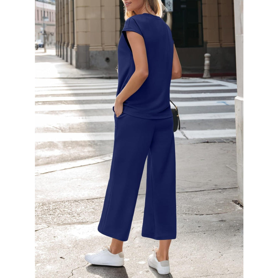 Notched Short Sleeve Top and Pants Set Apparel and Accessories