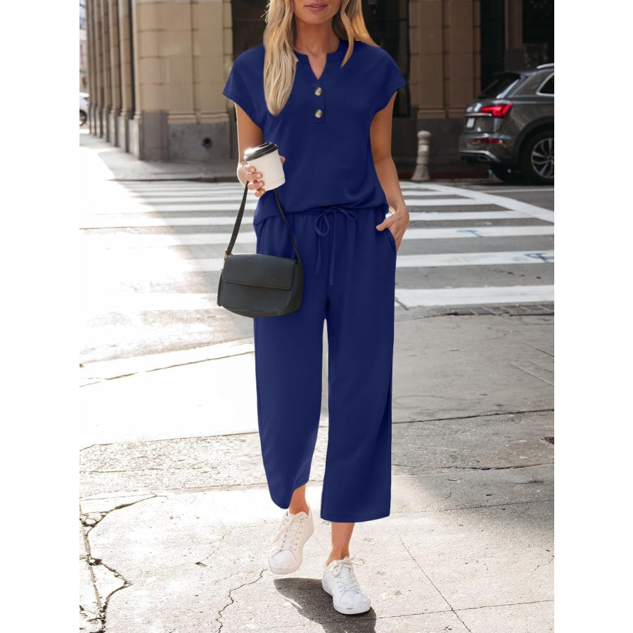 Notched Short Sleeve Top and Pants Set Apparel and Accessories