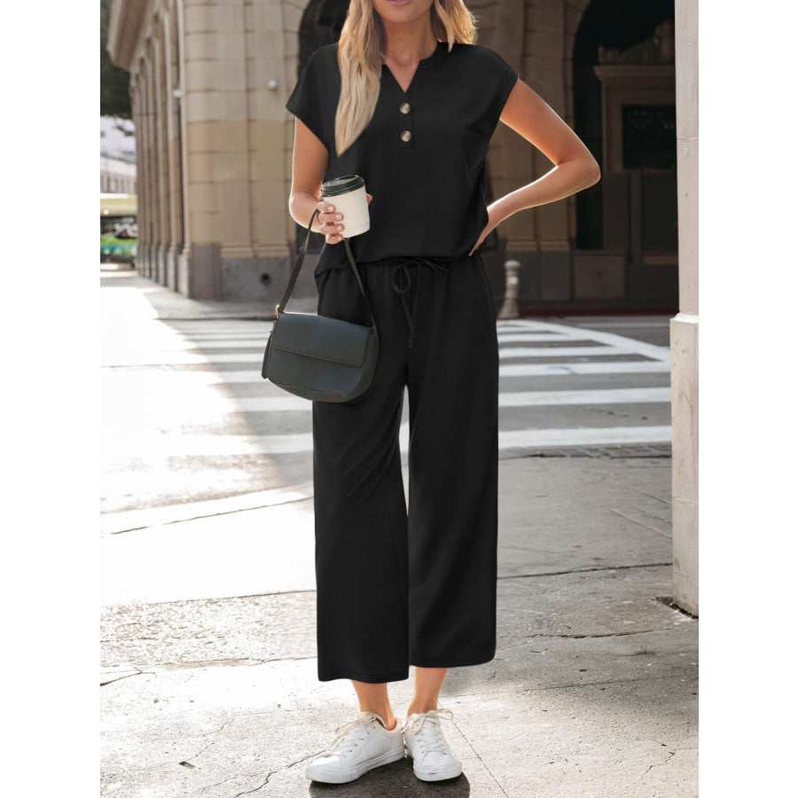 Notched Short Sleeve Top and Pants Set Apparel and Accessories