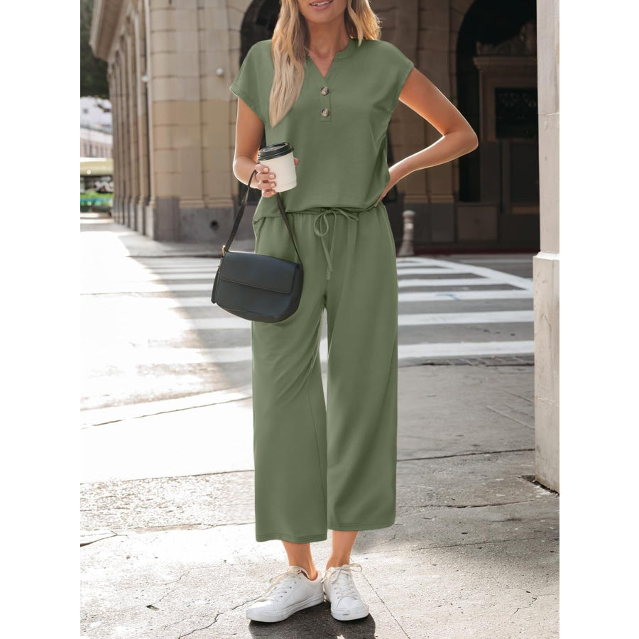 Notched Short Sleeve Top and Pants Set Apparel and Accessories