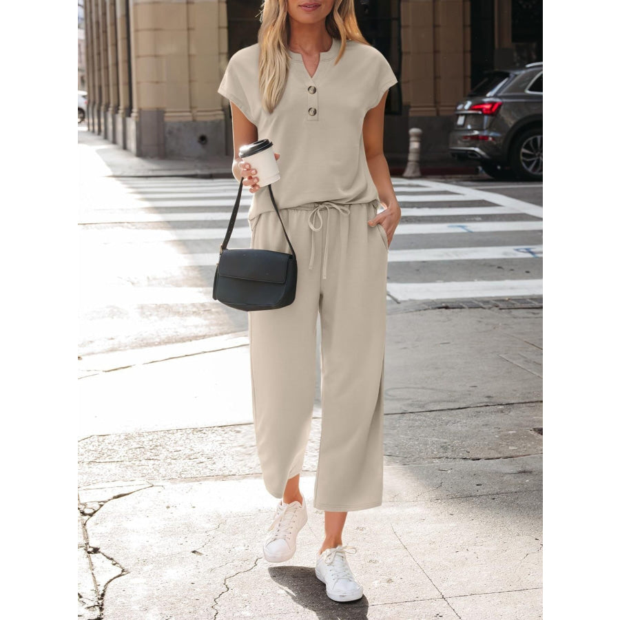 Notched Short Sleeve Top and Pants Set Apparel and Accessories