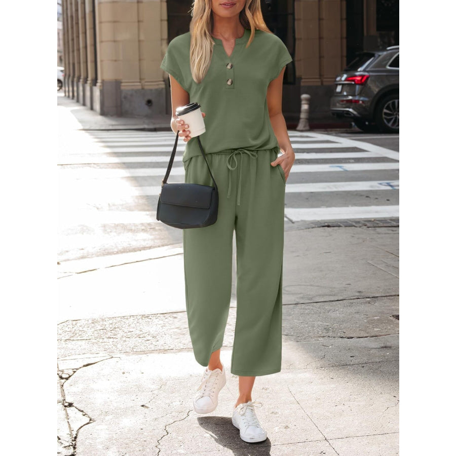 Notched Short Sleeve Top and Pants Set Apparel and Accessories