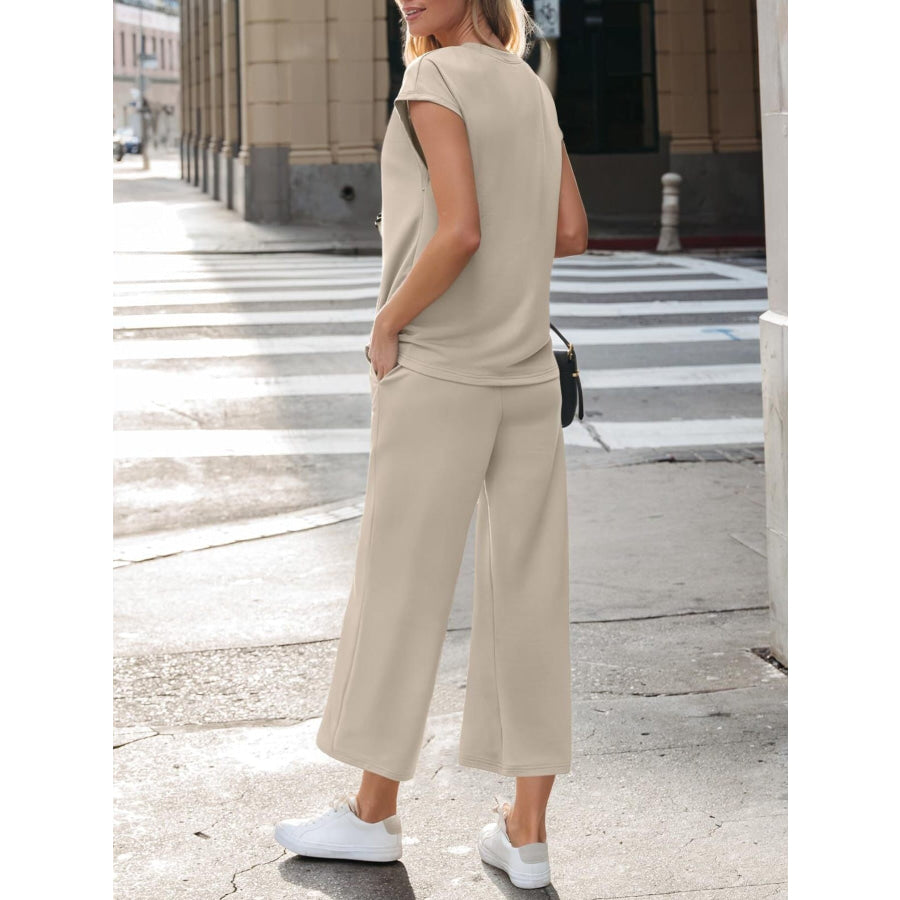 Notched Short Sleeve Top and Pants Set Apparel and Accessories