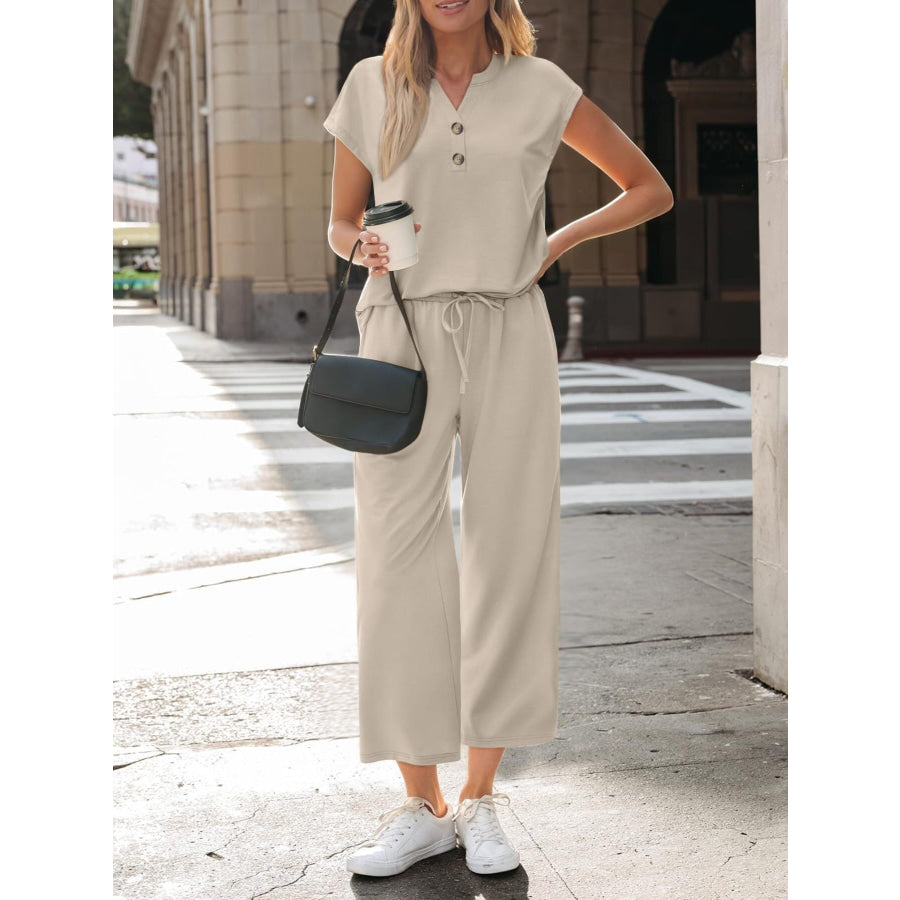 Notched Short Sleeve Top and Pants Set Apparel and Accessories