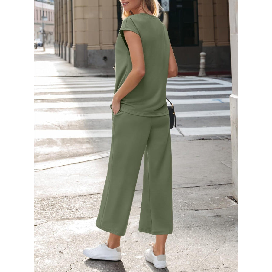 Notched Short Sleeve Top and Pants Set Apparel and Accessories