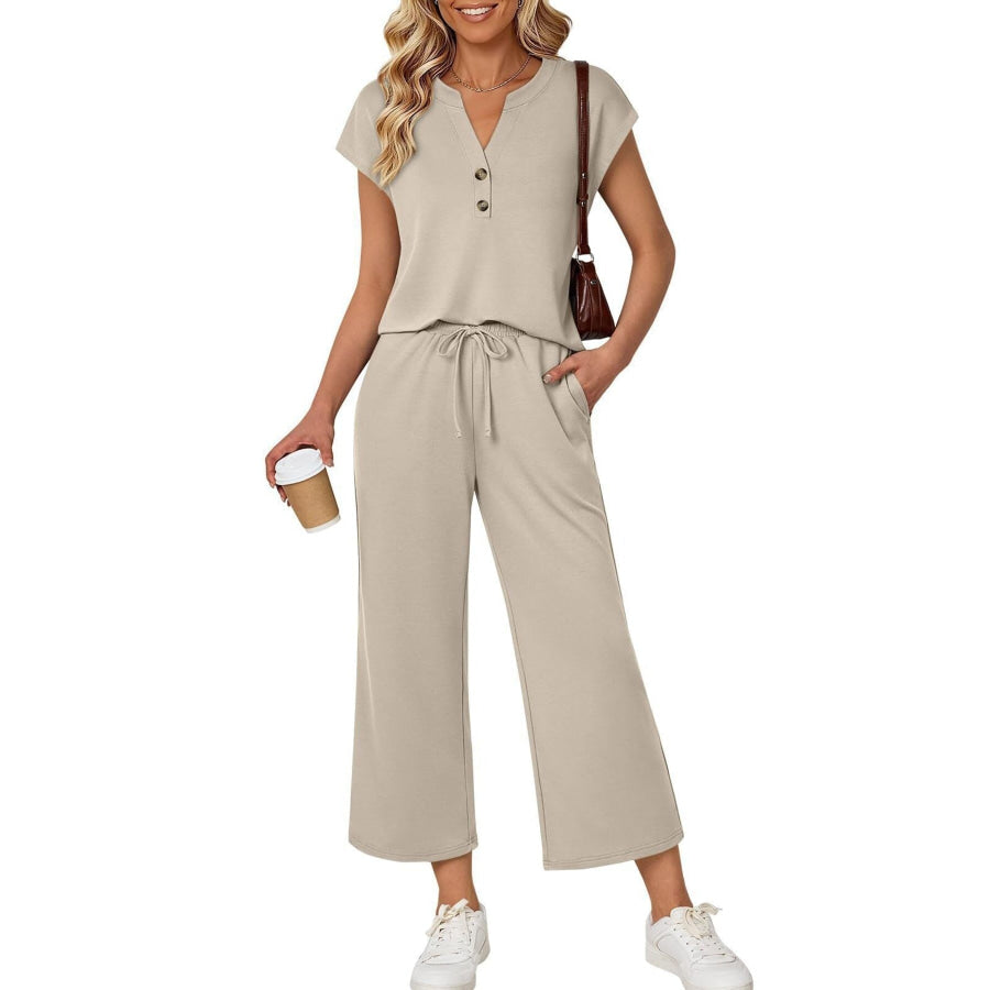 Notched Short Sleeve Top and Pants Set Apricot / S Apparel and Accessories