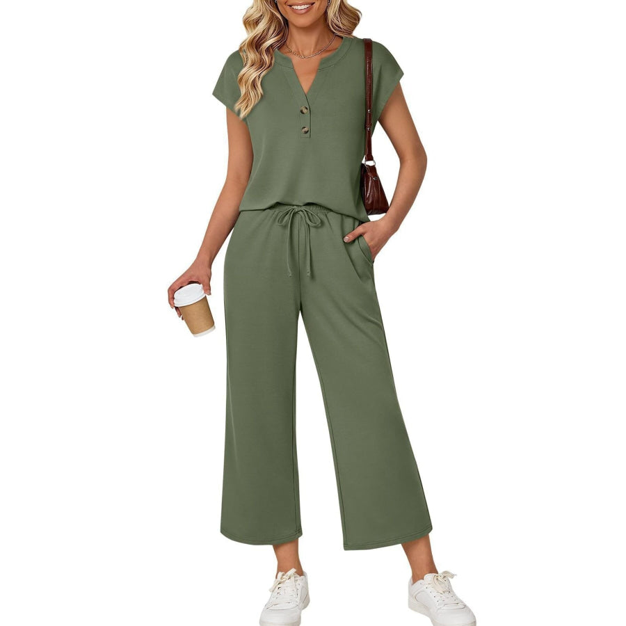Notched Short Sleeve Top and Pants Set Army Green / S Apparel and Accessories