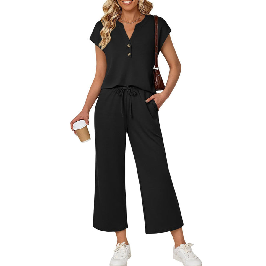 Notched Short Sleeve Top and Pants Set Black / S Apparel and Accessories