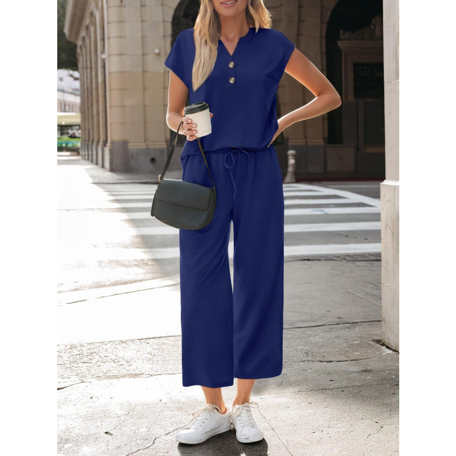 Notched Short Sleeve Top and Pants Set Dark Blue / S Apparel and Accessories